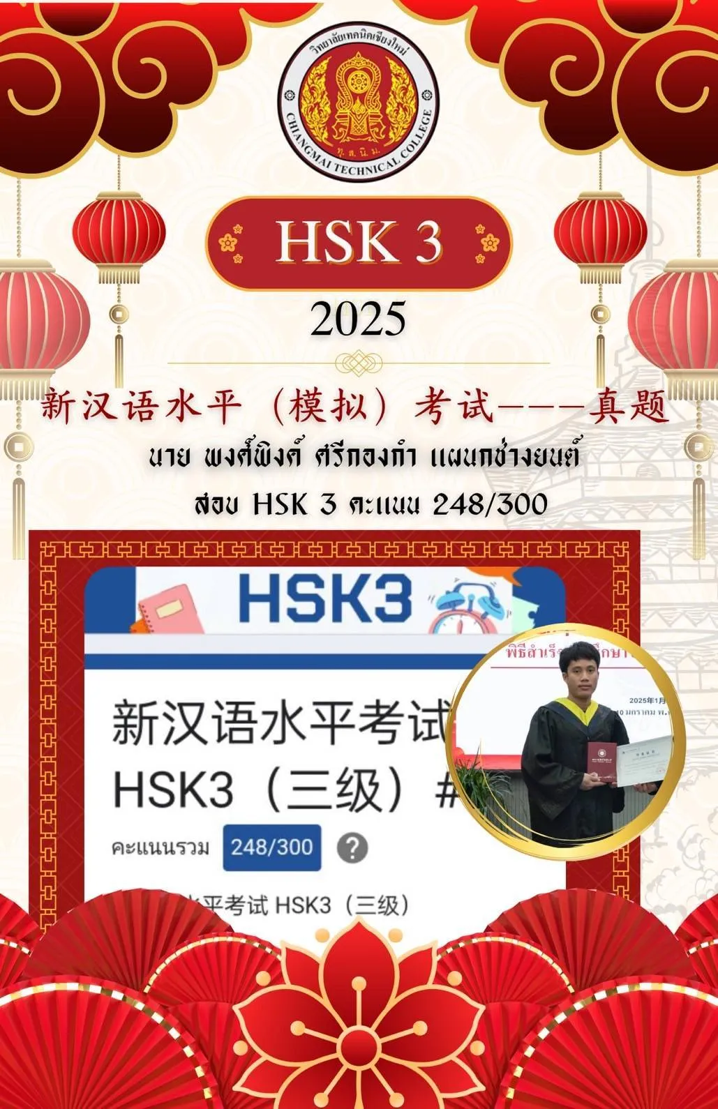 นาย พงศ์พิงค์ ศรีกองกำ (แผนกช่างยนต์) เข้าศึกษาต่อ มหาวิทยาลัยเทคนิคและวิศวกรรมเสฉวน โครงการ 2+1 sichuan polytechnic university