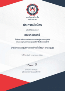 ผ่านการฝึกอบรมด้วยระบบการเรียนรู้สมรรถนะบุคคลตามมาตรฐานอาชีพและคุณวุฒิวิชาชีพอิเล็กทรอนิกส์มาตรฐานการปฏิบัติงานของเจ้าหน้าที่สอบฯ (ภาคทฤษฎี)