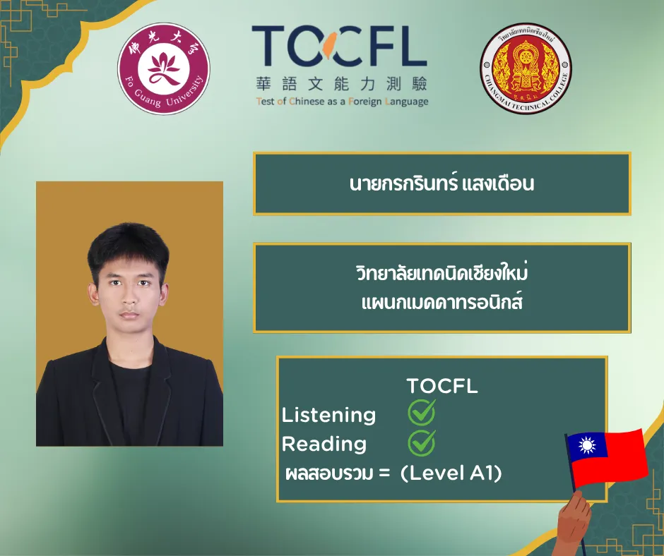 นาย กรกรินทร์ แสงเดือน (แผนกเมคคาทรอนิกส์) เข้าศึกษาต่อมหาวิทยาลัยเทคนิคและวิศวกรรมเสฉวน